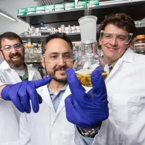Three male scientists wearing protective stand together in a lab as one scientist in the center holds up a sample in a beaker and points to it.
