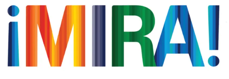 MIRA logo - rainbow letters spell out ¡MIRA!